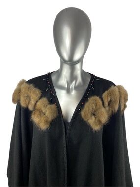 Black CASHMERE Cape w/ROYAL CROWN RUSSIAN SABLE Trim, O/S, Certified Vintage Fur
